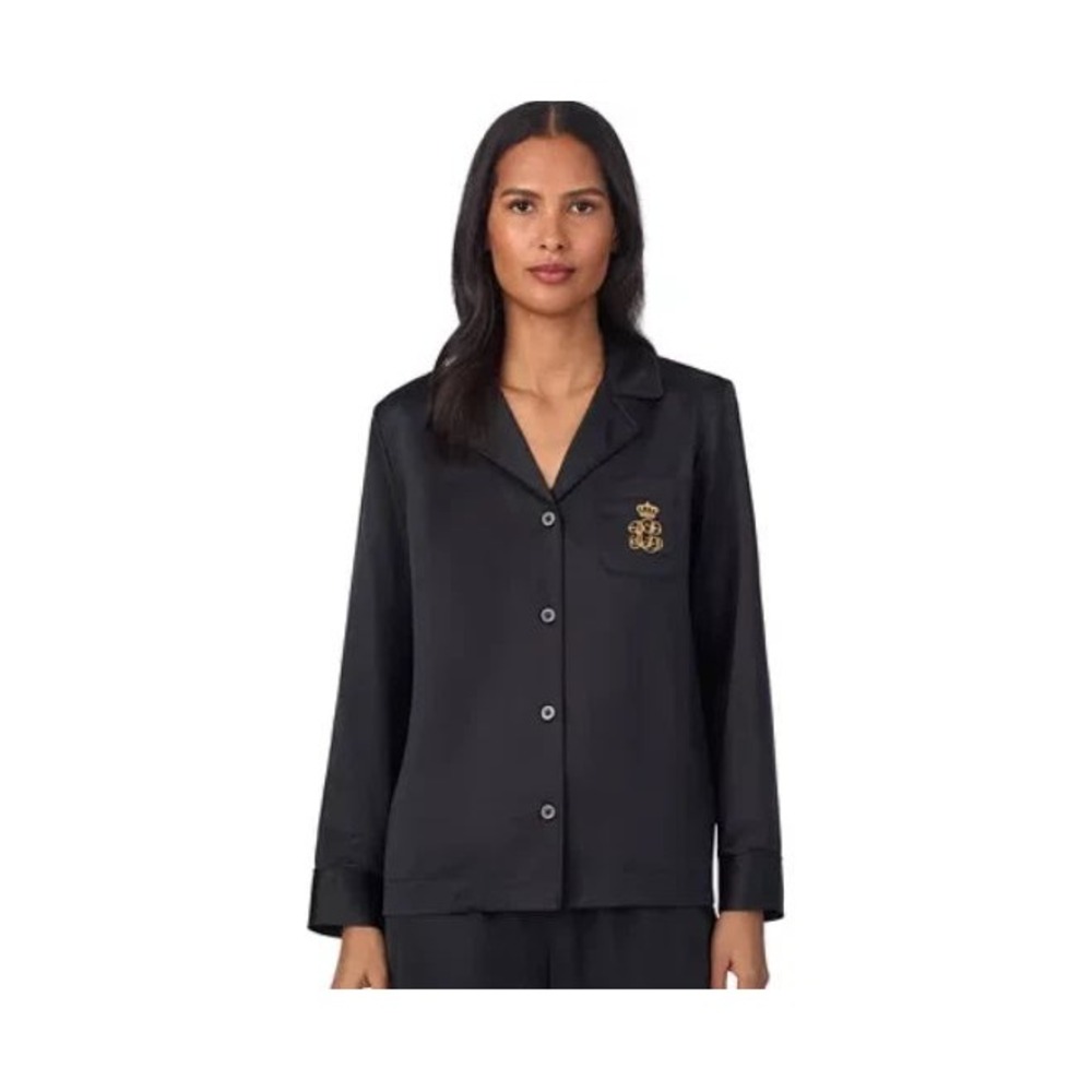 Lauren Ralph Lauren Womens Black Satin Pajama Top Embroidered Crest Logo Small